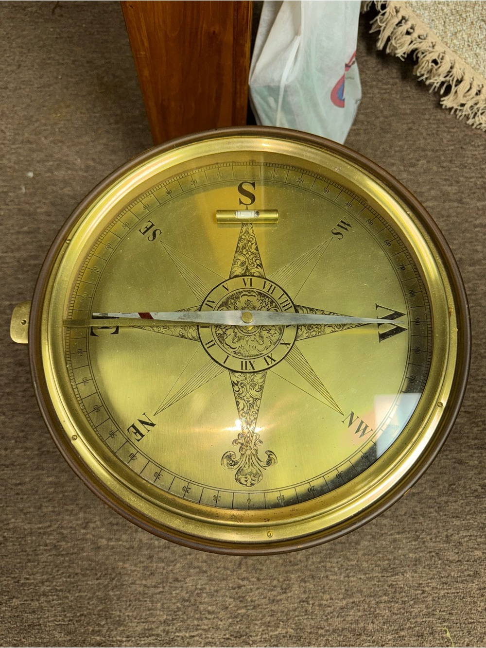 Antique-Style Brass Compass Wall Clock - Gold Finish